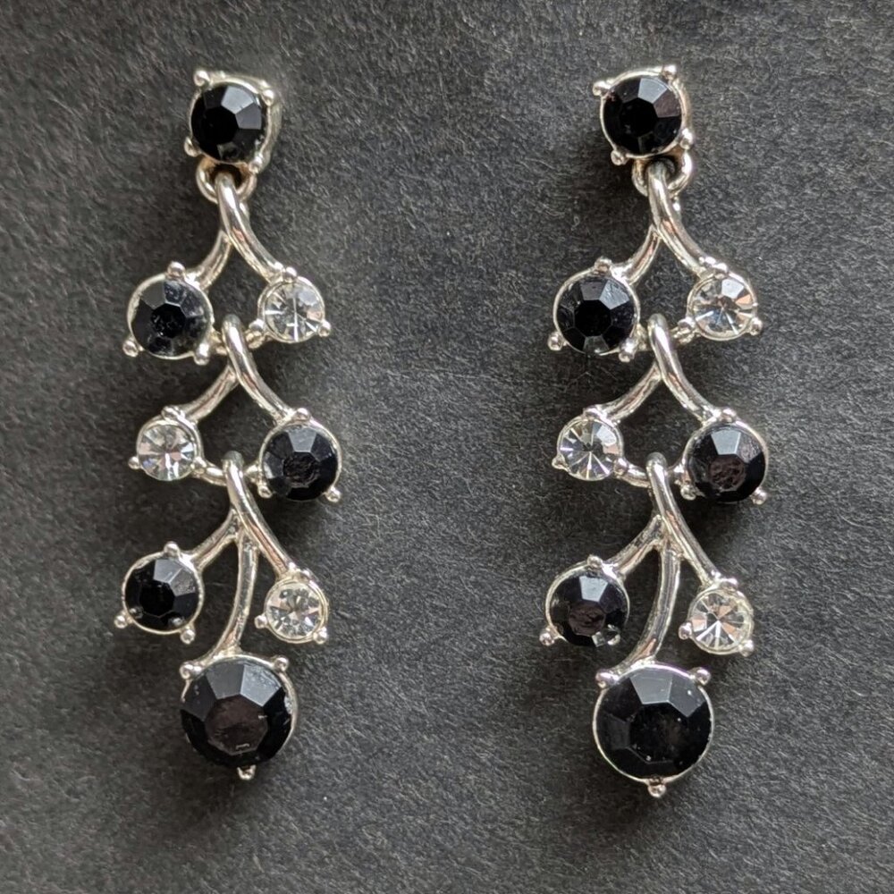 Vtg 90s Silver Plated Crystal Dangle Earrings Long Elegant Evening Formal Prom